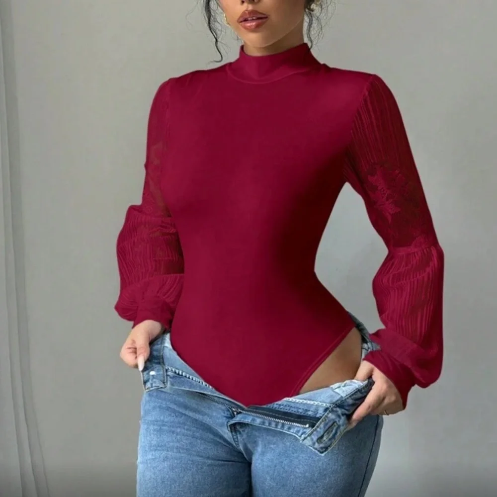Elegant Red Floral Lace Sleeve Women's Body’s Top
